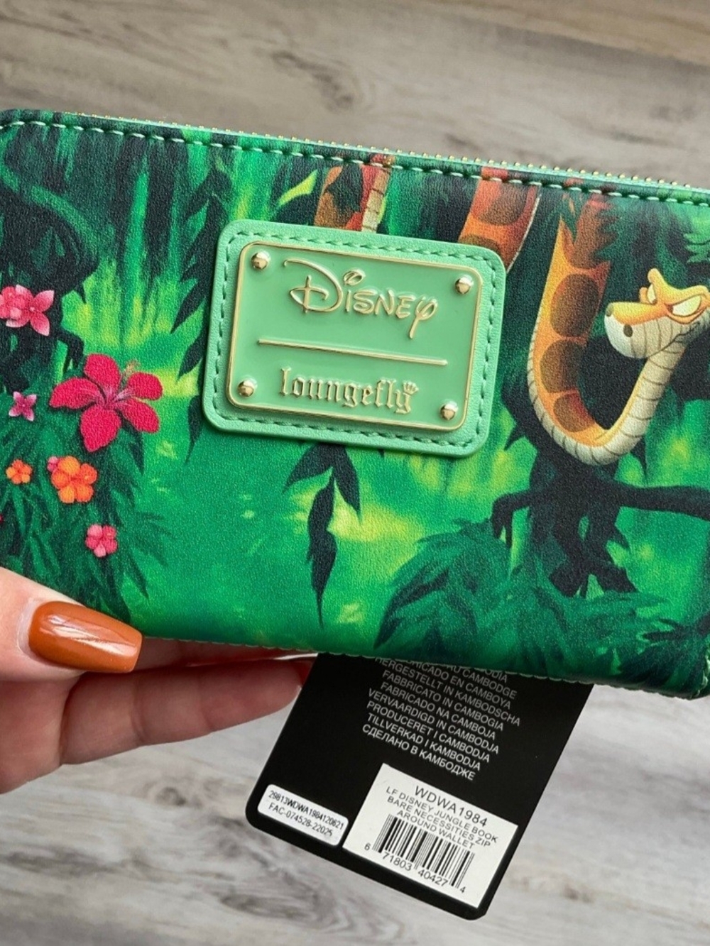 Loungefly Disney Jungle Green Zip Wallet with Pink Floral Accents